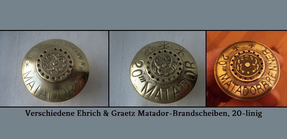 Verschiedene Ehrich & Graetz Matador-Brandscheiben, 20-linig